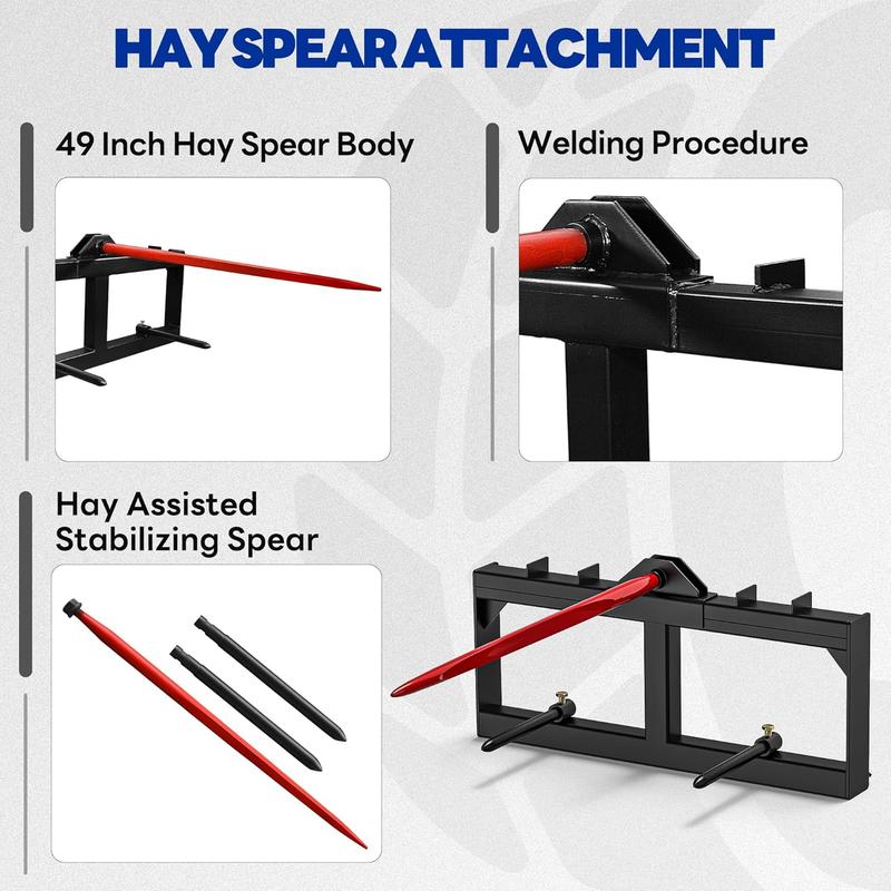 YITAMOTOR 49" Hay Spear Attachment, 3000lbs Capacity Quick Attach for Bobcat Tractors & Skid Steer Loader with 1pc 49" Red Hay Spear & 2pcs 17" Black Stabilizer Spears Spike Fork Tine