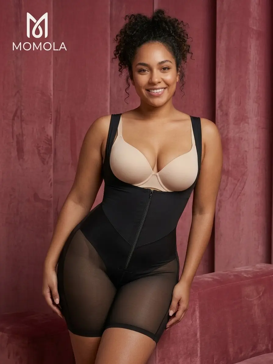 Plus Size Open-Bust Shapewear Bodysuit, Seamless Tummy Control with Front Zipper, Smooth Mid-Thigh Butt Lifter for Postpartum & Everyday Wear, Style, Fabrics, Sheer, Breathable, Bodysuit For Women, Lightweight, Open Bust U-Shaped, Waist Training, Basic Sh