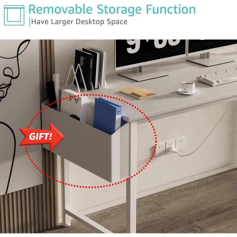 Lufeiya White Computer Desk with Power Outlet, 55 inch Teen Study Table Home Office Work Writing Gaming Desks with Charging Station Outlets Built in, White, Get Free Gift