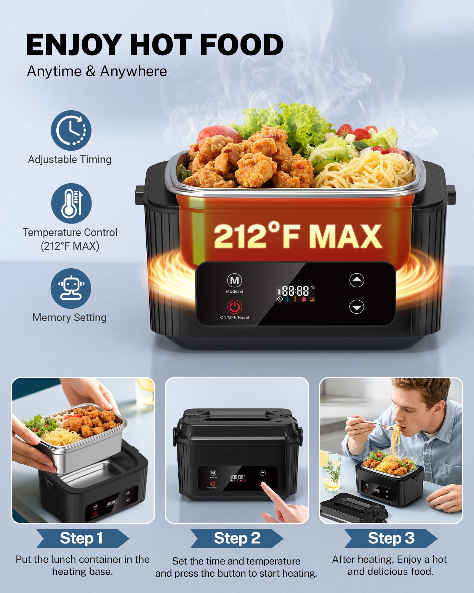 OGERY Self-Heating Electric Lunch Box, 100W Faster Heated Cordless Lunch Box for Adults with Automatic Heating, 40 fl oz 304 Stainless Steel Food Warmer with Timer for Hot Meals Anywhere