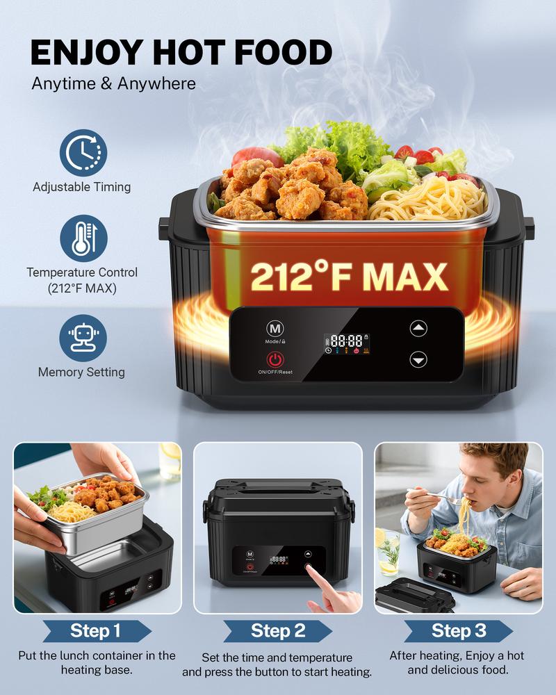 OGERY Self-Heating Electric Lunch Box, 100W Faster Heated Cordless Lunch Box for Adults with Automatic Heating, 40 fl oz 304 Stainless Steel Food Warmer with Timer for Hot Meals Anywhere
