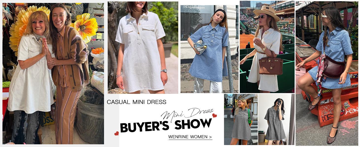 Imily Bela Women's Short Sleeve Denim Dress Button Down Collared Loose Fit Summer Casual Jean Shirt Mini Dresses