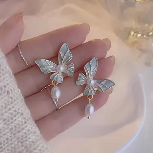 Vintage Enamel Oil Painting Butterfly Bead Stud Earrings for Women