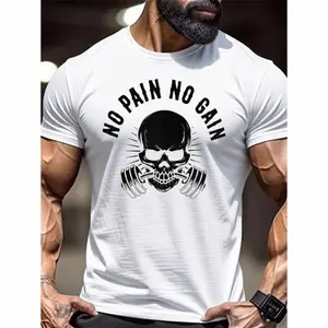 Men's 3D Printed Gym T-Shirt - Quick-Dry Moisture-Wicking Workout Tee with "NO PAIN NO GAIN" Skull Graphic, Breathable Round Neck Short Sleeve for Training & Casual Summer Wear, Gym Shirts, Quickdry Fabric Novelty Graphic T Shirt funny tshirt Undershirts