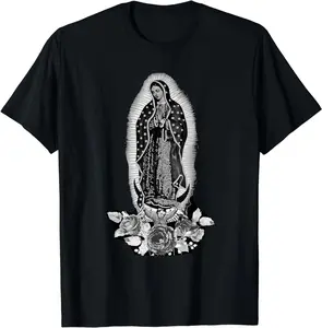 [100% Cotton] Black T-Shirt With Classic Our Lady Of Guadalupe Artwork And Floral Details
