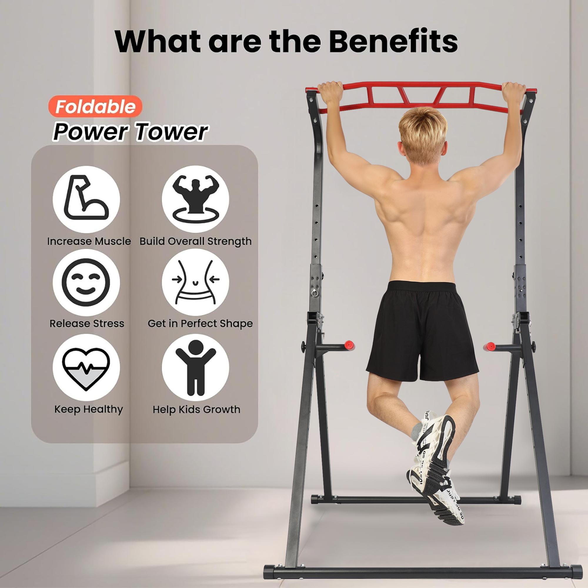 JointlyCreating Foldable Power Tower Pull Up Bar Dip Station Adjustable Multifunction Workout Pull Up Tower Station Gym Back Strength Training Equipment for Home Outdoor Triangular Legs Support 500lbs