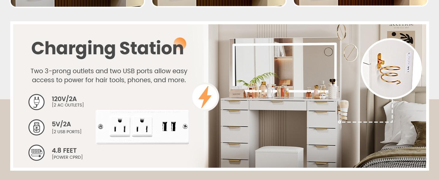 【2packages shipping】Makeup Vanity with Mirror and Drawers Vanity Desk Set with 3 Modes Adjustable Brightness Lights and USB Power Outlet