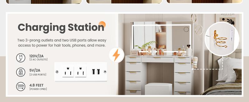 【2packages shipping】Makeup Vanity with Mirror and Drawers Vanity Desk Set with 3 Modes Adjustable Brightness Lights and USB Power Outlet 【2packages shipping】Makeup Vanity with Mirror and Drawers Vanity Desk Set with 3 Modes Adjustable Brightness Lights and USB Power Outlet