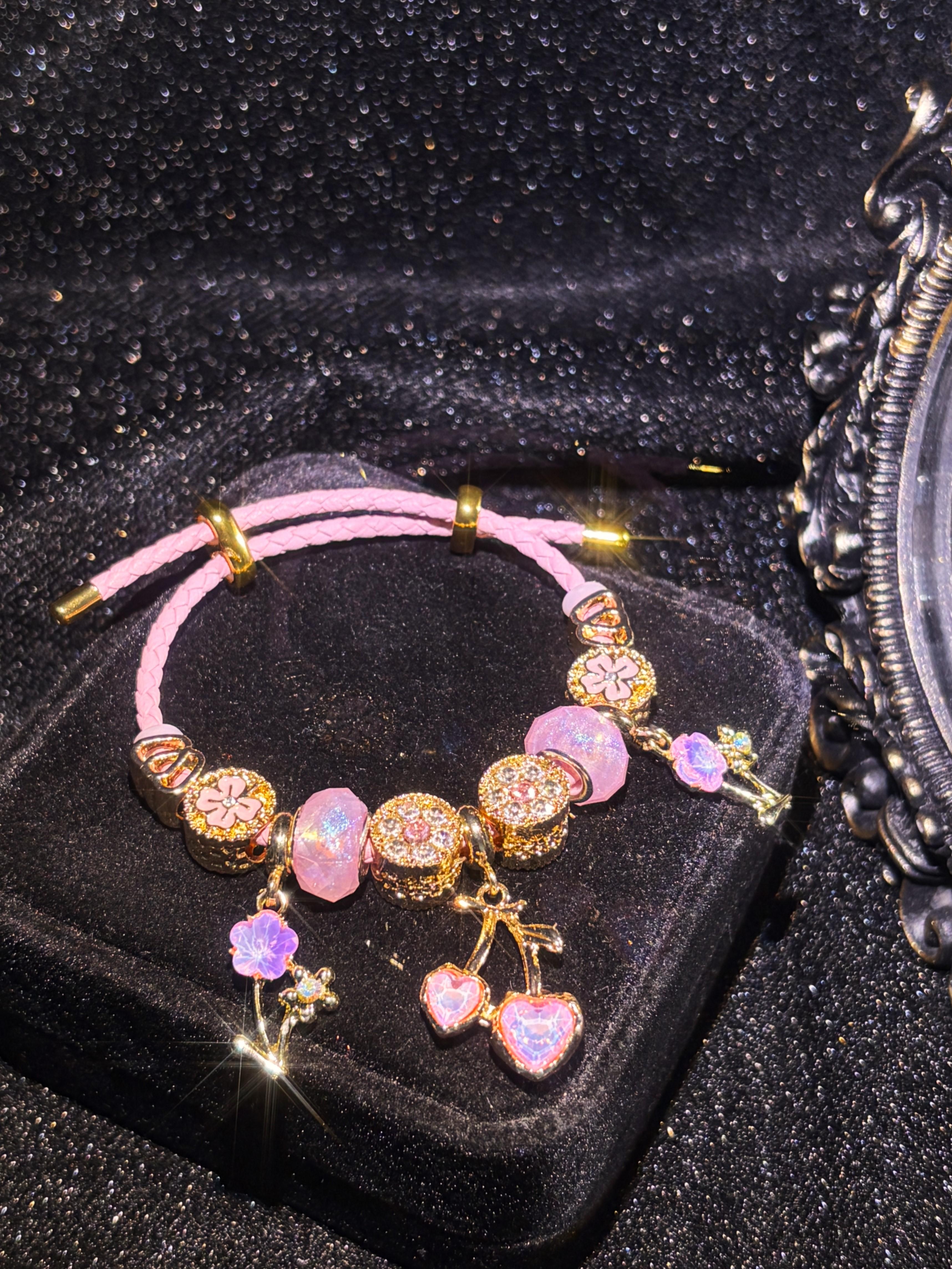 Women's Blush Pink Faux Leather Rope Charm Bracelet - Gold-Tone, Cherry Heart & Flower Crystal Pendants - Sweet Elegant Costume Jewelry Statement Piece