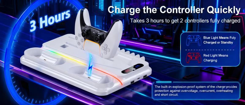 Ukor PS5 Cooling and Charging Dock for PlayStation 5 Standard & Slim Consoles Dual Controller Charger 3-Speed Fan RGB Lighting Headset Hook 3 USB Hubs Springtok Gaming Cooler Accessories ps5 accessories controller Organizer Wearable Headphones