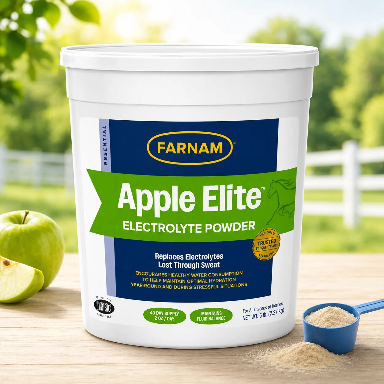 Farnam Apple Elite Horse Electrolyte Powder Supplement, 5 lb, Sugar-Free Apple-Flavored Mix, Replaces Vital Minerals (Sodium, Potassium, Calcium, Magnesium), Encourages Hydration