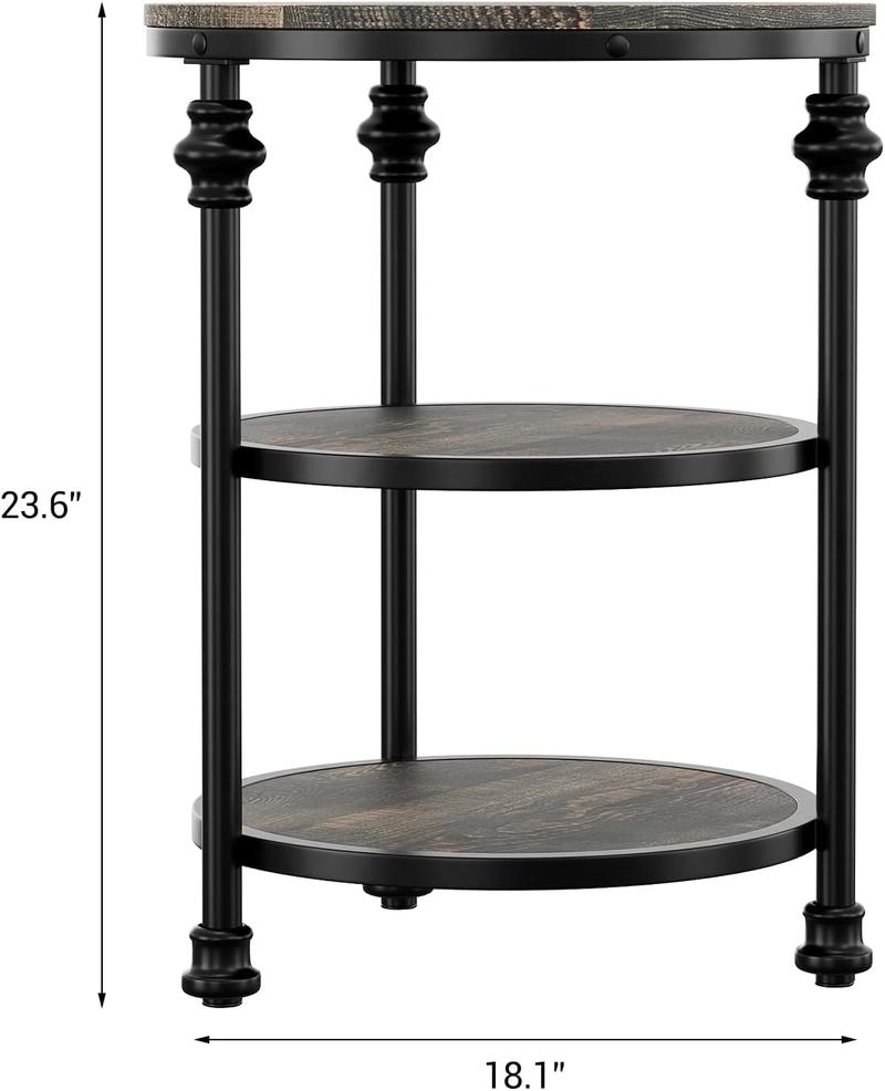 Round 3-Tier End Table with Storage, Rustic Farmhouse Side Table with Metal Column Legs, Dark Oak Accent Table for Living Room Bedroom, Industrial Style Nightstand, Easy Assembly