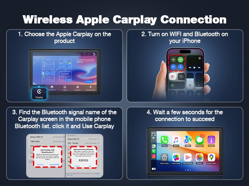 【Valentines】VOLAM 7-inch Wirelesss CarPlay Screen,supports landscape and portrait display compatible with carplay/Android Auto,supports AUX/Bluetooth/speaker output,suitable for upgrading older car models,in-car audio playback travel navigation