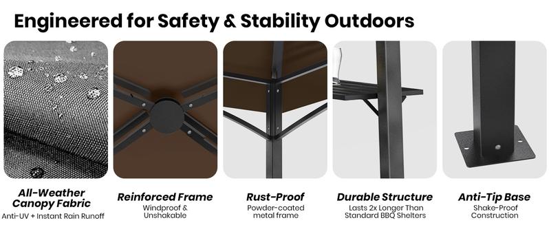 GVDV 8x5FT Grill Gazebo - Outdoor BBQ Canopy Shelter with 2 Side Shelves & Double-Tiered Top for Patio Backyard Grilling, Brown