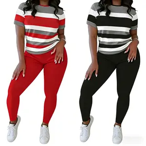 Women'S Plus Size Striped Color Block Print Two-piece Set, Biker Short Workout Jogger Sets Round Neck Energetic And Cute Two-piece Set, Women'S Plus Size Clothing