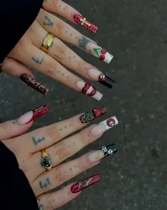 Cherry Leopard Press On Nails | Red Cream Casino Art | Long Square Handmade Nail Set
