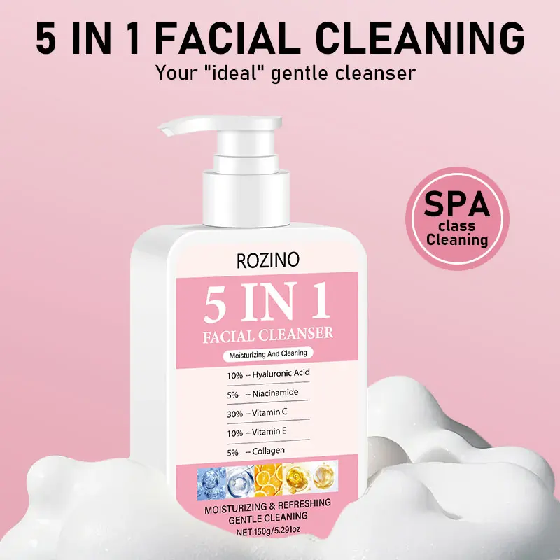 ROZINO 5 IN 1 Facial Cleanser Gentle Pore Refining Daily Wash for Oily & Dull Skin Clear Oil Balancing with Hyaluronic Acid Niacinamide Vitamin C E Collagen