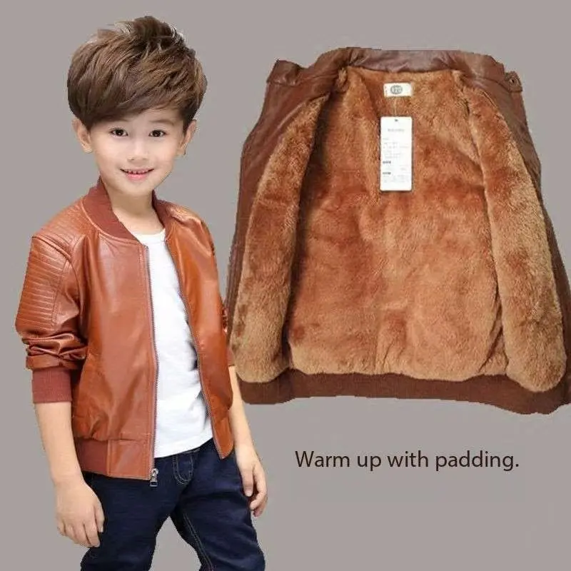 Boys' PU Leather Jacket Full-Zip Black Blazer with Stand Collar Machine-Washable All-Season Casual Formal Wear Easy-Care Zipper Closure Outer