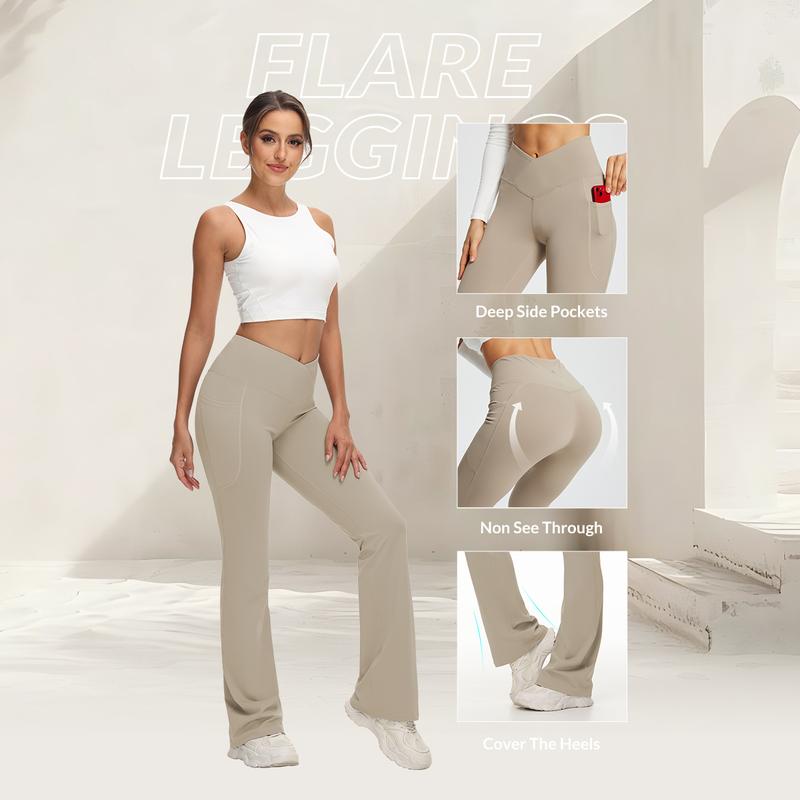 baleaf 29''/32''/34'' inseam Women Flare Leggings Crossover V-Cut Yoga Pants Flare Khakis High Waist Casual Workout Lounge Tall Bottom Pockets Petite Girls Forbidden Pants