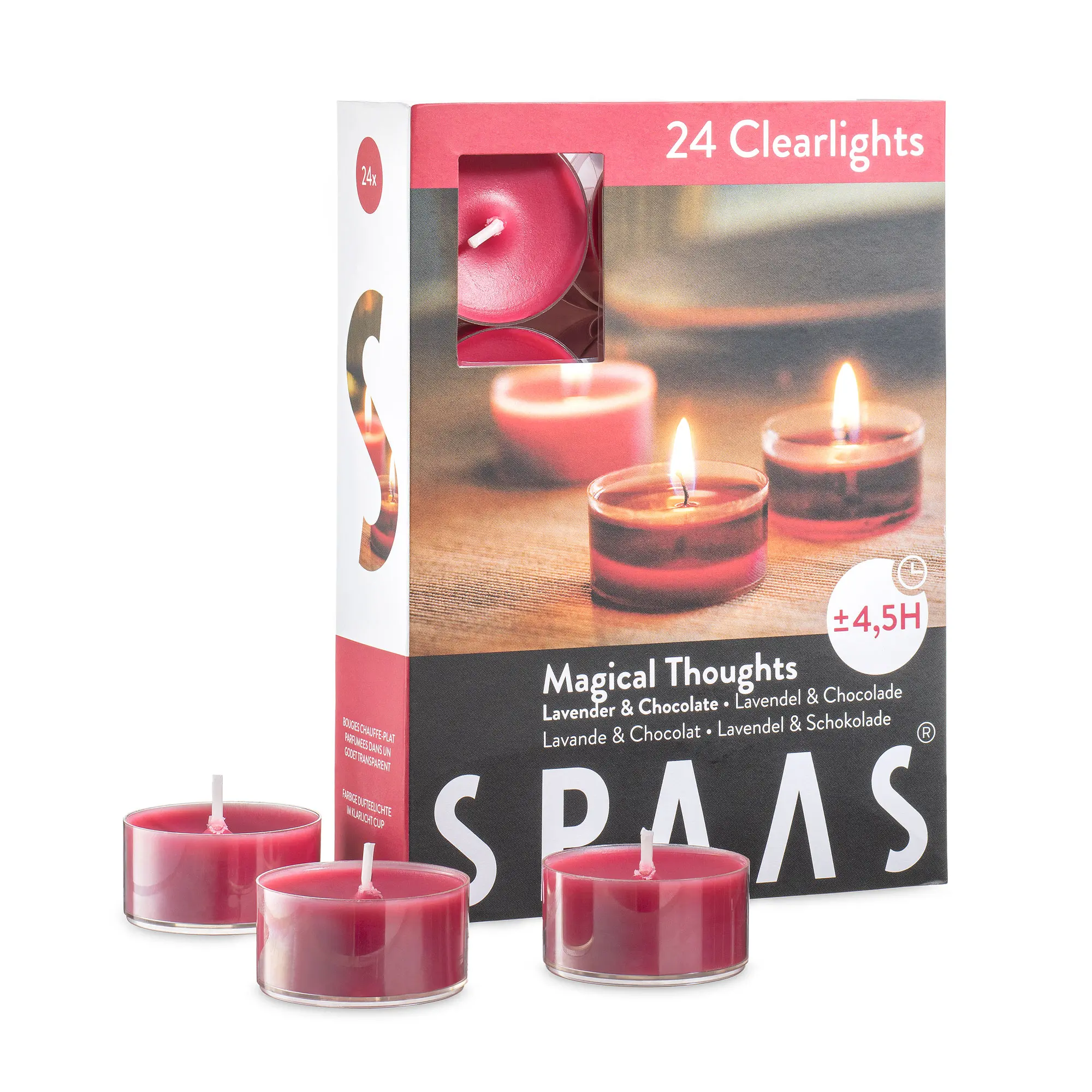 Scented Tea Light Candles in Clear Cups - Lavender & Chocolate Aroma - Red Candles for Christmas Home Decoration, Spa, Dinner, and Wedding - Pack of 24