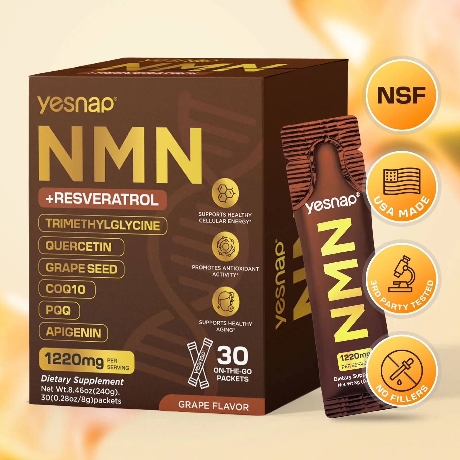 YESNAP NMN + Resveratrol 1220mg | 8-in-1 Advanced NAD+ Supplement with TMG, Quercetin, CoQ10, PQQ, Grape Seed & Apigenin | Supports Cellular Energy, Healthy Aging & Antioxidant Activity | 30 On-The-Go Packets