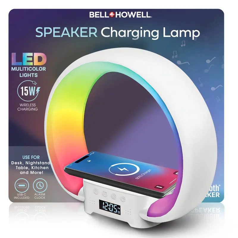 Bell + Howell Speaker Charging Lamp with Alarm Clock, RGB LED Table Lamp, and Wireless Phone Charger Stand