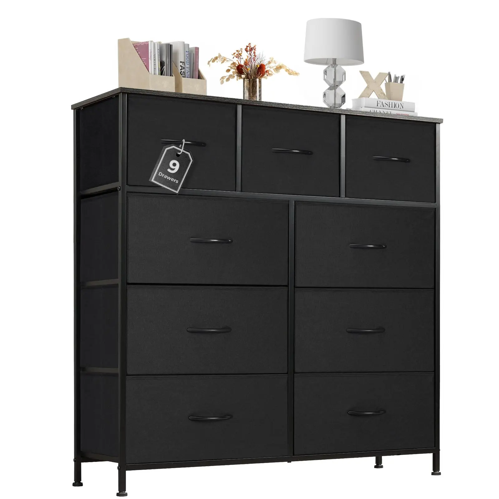 【Summer Sale】Sweetcrispy 9 Drawers Dresser for Bedroom, Storage Drawers, Fabric Storage Tower Chest of Drawers with Fabric Bins, Sturdy Metal Frame