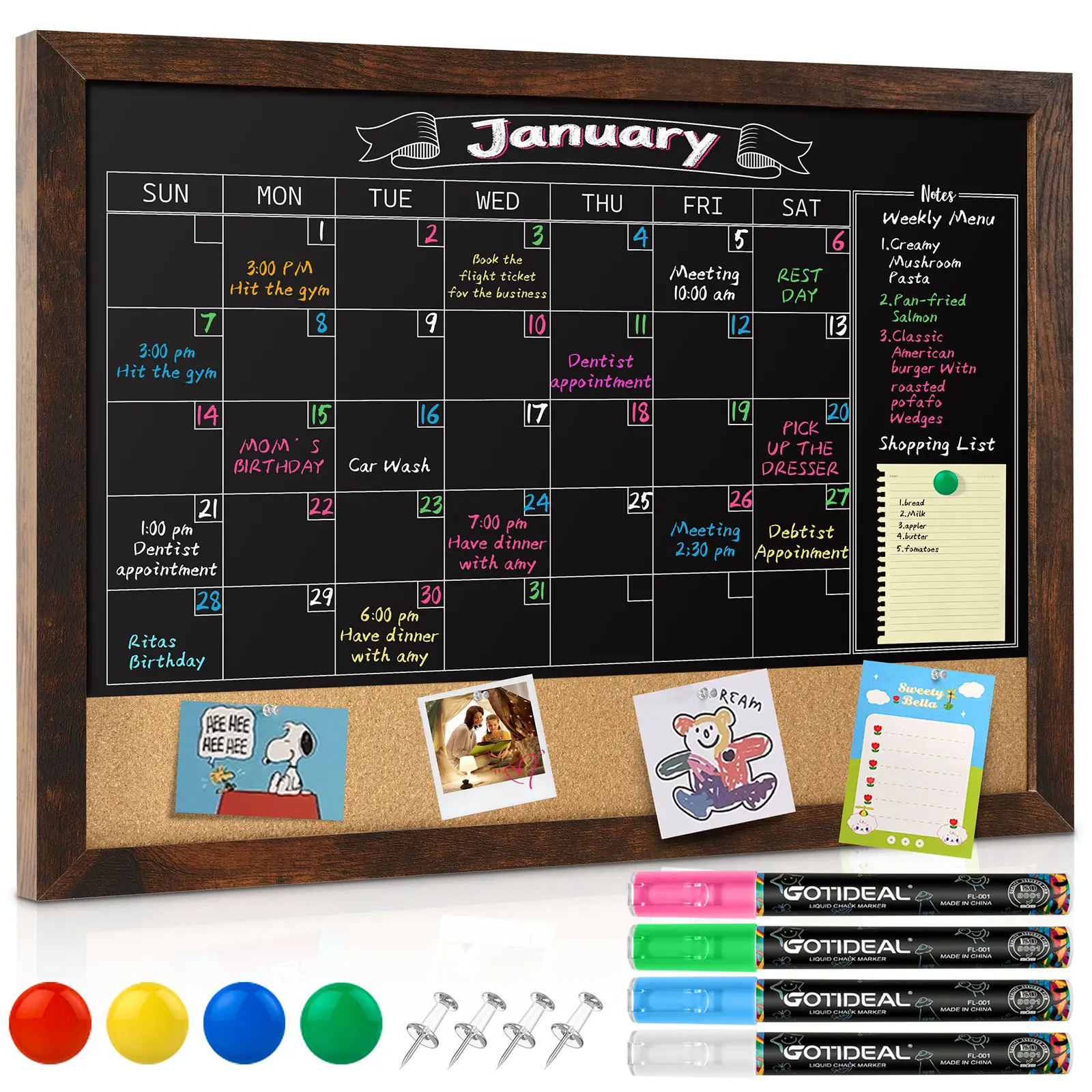Gotideal Framed Magnetic Chalkboard Calendar, 24"x18" Wall-Mounted Versatile Eco-Friendly Long-Lasting Organizer for Kitchen, Office, Rustic Decor, Pine Wood,back to school,back to school haul