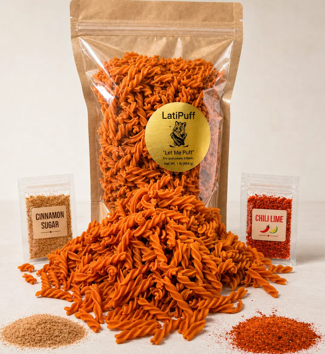 LatiPuff Puffing Pasta Wheat Noodle Cinnamon Twists Duro Kit| 1lb Bag + 2 Seasoning Packs