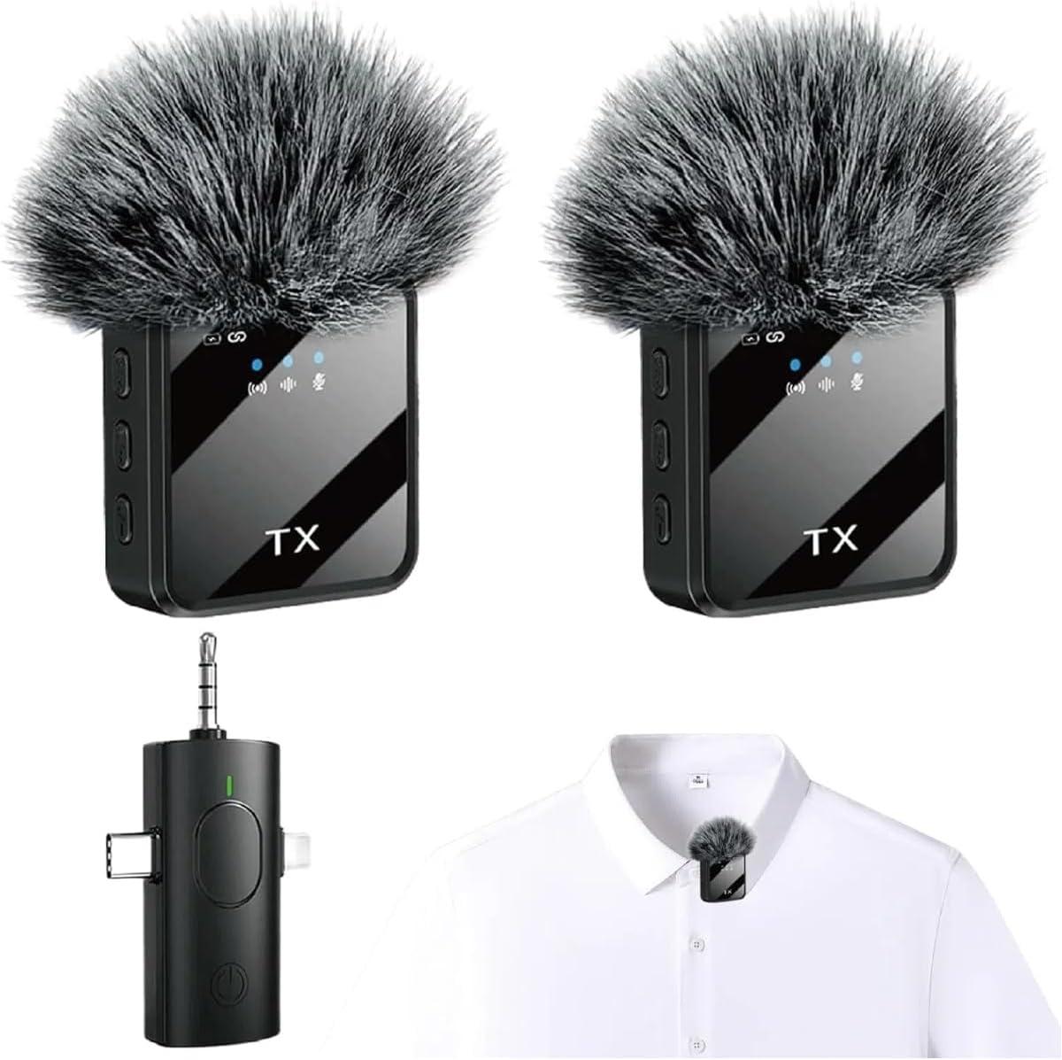 2-Package Wireless Collar Microphone, iPhone/Android/Camera, Mini Microphone Record Interview, Video Blog, YouTube, 3 in 1 Universal Live Shooting Radio Noise Reduction Collar Microphone
