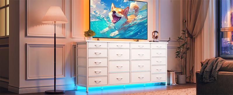 RaybeeFurniture 63" W 18 Drawers Dresser, with LED Lights & Power Outlets, Long Dresser for 65" TV Stand for Bedroom, Large Fabric Dressers & Chests of Drawers for Bedroom, Sturdy Metal Frame