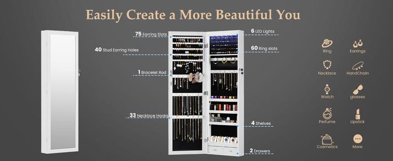 【Valentine's Day gift】Full-Length Mirrored Jewelry Cabinet with Built-In Makeup Mirror,Lockable Storage Cabinet with 2 Drawers