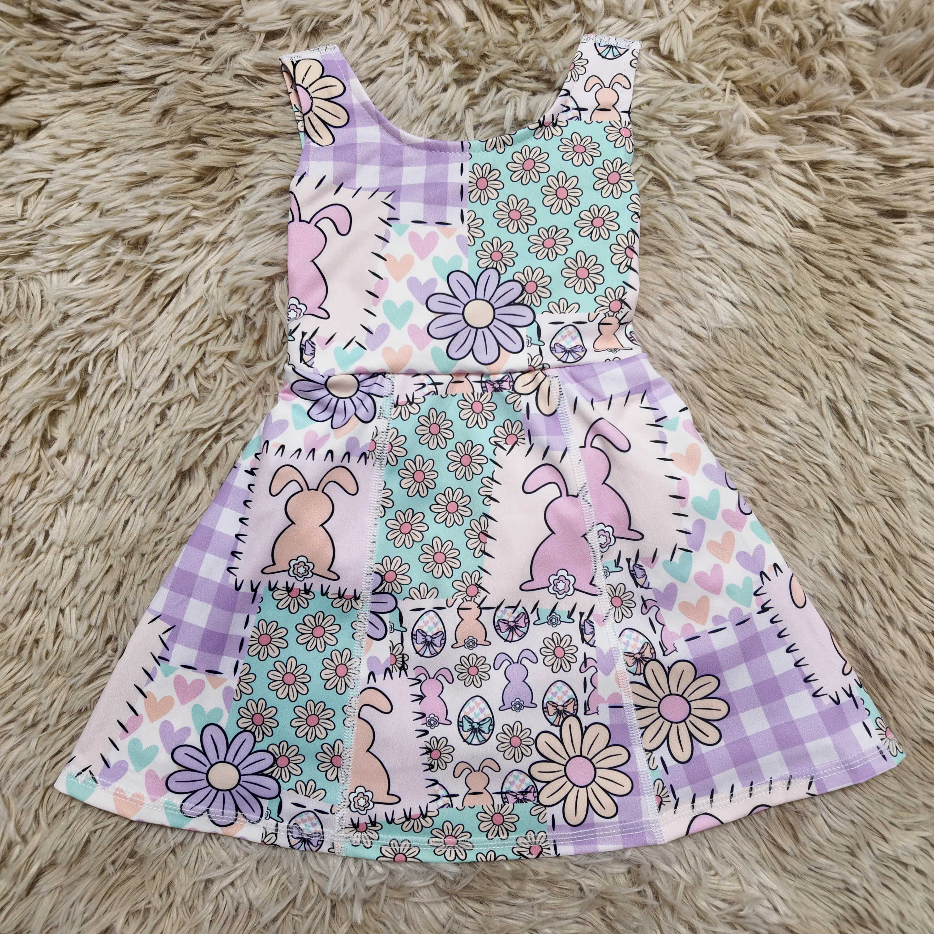 Graphic Dress for Kids Girls, Sporty Chic Sleeveless Athletic Wear with Colorful Easter Floral & Rabbit Print