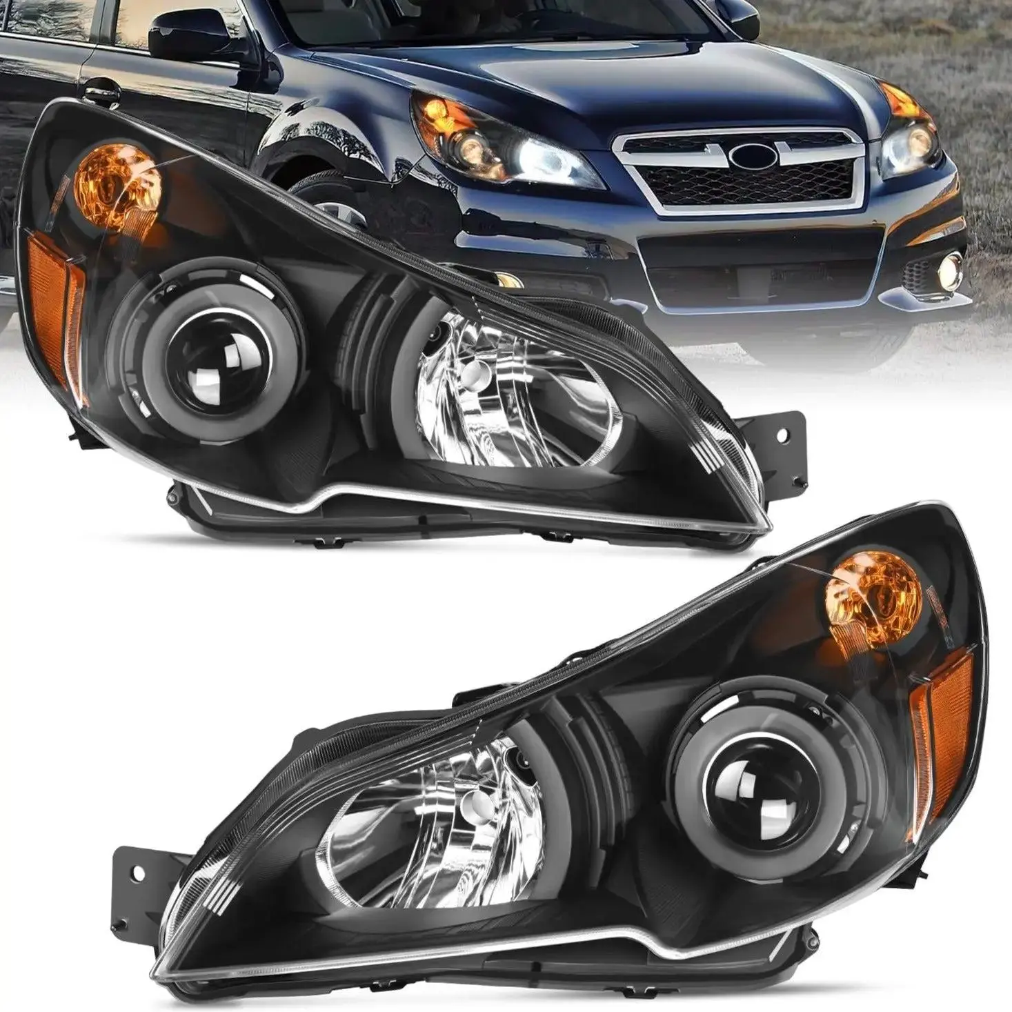 Nilight Automotive Headlight Assembly with Headlight Bulbs - Black Housing, Amber Reflector, Brightening, Adjustable, Waterproof, Reflective, Temperature-Resistant, Salt Spray Tested, WY21W Turn Signal for 2010-2014 Subaru Legacy/Outback