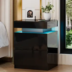 Miuvanity Nightstand Gun Drawer with USB & Type-C Port, LED Light, Modern Design for Office & Bedroom Storage, Includes Charging Station Bedside Table