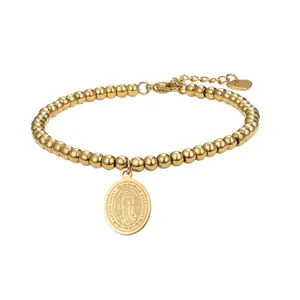 Women's Miraculous Medal Bracelet - 18K Gold Plated Stainless Steel Adjustable Catholic Religious Bracelet  Virgin Mary Guadalupe Protection Faith Jewelry for Baptism Communion Easter