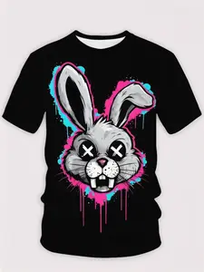 【Plus Size】Cartoon Rabbit Print Round Neck Tee, Fashion Casual Crew Neck Short Sleeve T-shirt for Daily Holiday Vacation Outdoor Wear, Men Plus Size Clothing for All Seasons, Top