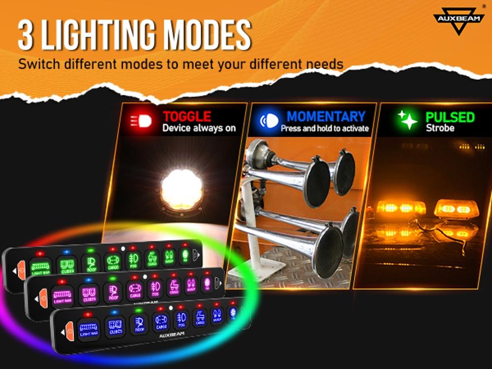 Auxbeam 8 Gang Slim Switch Panel Bluetooth RGB AS-800 with APP Remote Control Toggle Momentary Pulsed Switch Pod Off Backlight for Truck Offroad UTV ATV Car Marine 12-24V Waterproof Auxbeam 8 Gang Slim Switch Panel Bluetooth RGB AS-800 with APP Remote Control Toggle Momentary Pulsed Switch Pod Off Backlight for Truck Offroad UTV ATV Car Marine 12-24V Waterproof