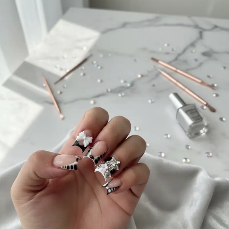 French Tip Press-On Nails  Short Square Zebra & Bow Fake Nails – 24pcs Rhinestones & Flower Charms