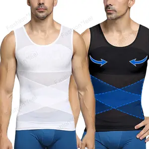 2 Pack Men's Body Shaper Compression Vest Tummy Control Tank Top - Breathable Waist Trainer Undershirt for Gym Workout. High Stretch Sleeveless Abdomen Shapewear Shirt, Athletic Fitness Firm Control Base Layer