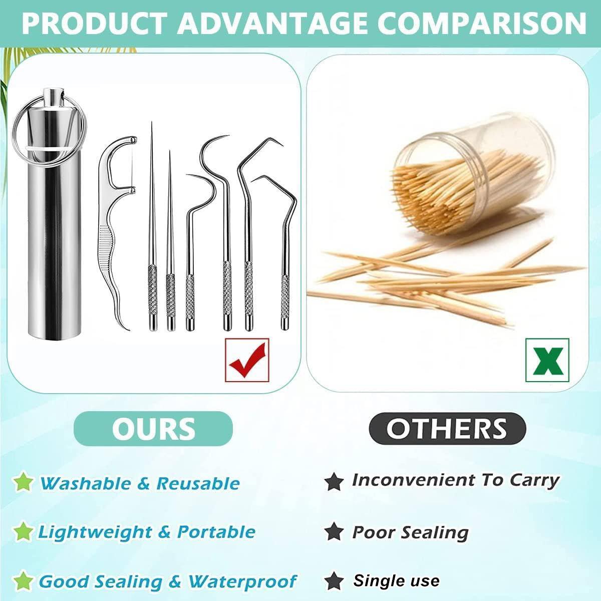 Stainless Steel Toothpick Pocket Set, Reusable Dental Floss Pick, Travel Teeth Cleaning Tools Kit for Outdoor Picnic, Camping, Keychain Design, Oral Care Tool (7PCS/Set)