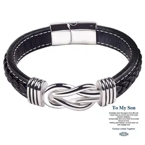 Mother Son Bracelet, Mother and Son Forever Linked Together Braided Leather Bracelet, to My Son Bracelet from Mom, Braided Leather Knot Wristband Cuff Bracelet, Gifts for Men