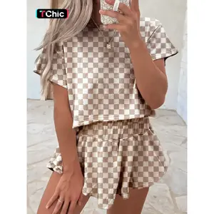 Two-Piece Set Women's Colorblock Plaid Print Short Sleeve Tee & High Waist Skirt, Casual Fashion Cozy for Daily Outdoor Wear, Women Clothes for Spring Fall