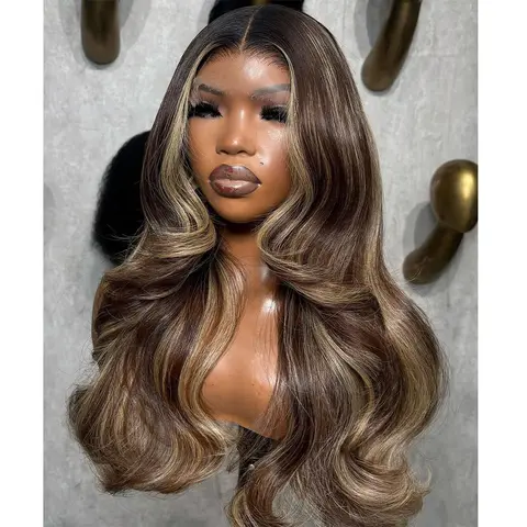 Brown Blonde Highlight Lace Front Human Hair Body Wave 13X4 13X6 Lace Frontal Wig 5X5 Lace Closure Wigs 180% Denisity Pre Plucked For Women