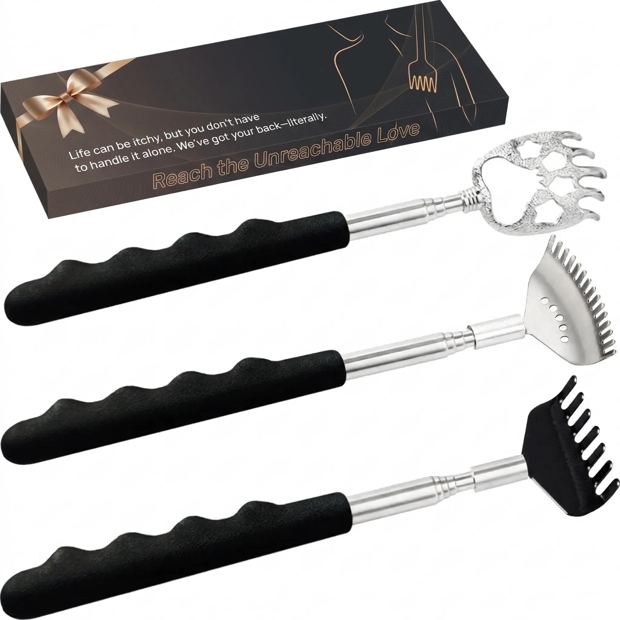 3-Pack Stainless Steel Telescoping Back Scratchers with Ergonomic Rubber Handles, Portable Body Care Extendable Back Massager Tool in Premium Gift Box for Adults