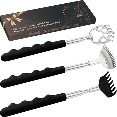 3-Pack Stainless Steel Telescoping Back Scratchers with Ergonomic Rubber Handles, Portable Body Care Extendable Back Massager Tool in Premium Gift Box for Adults