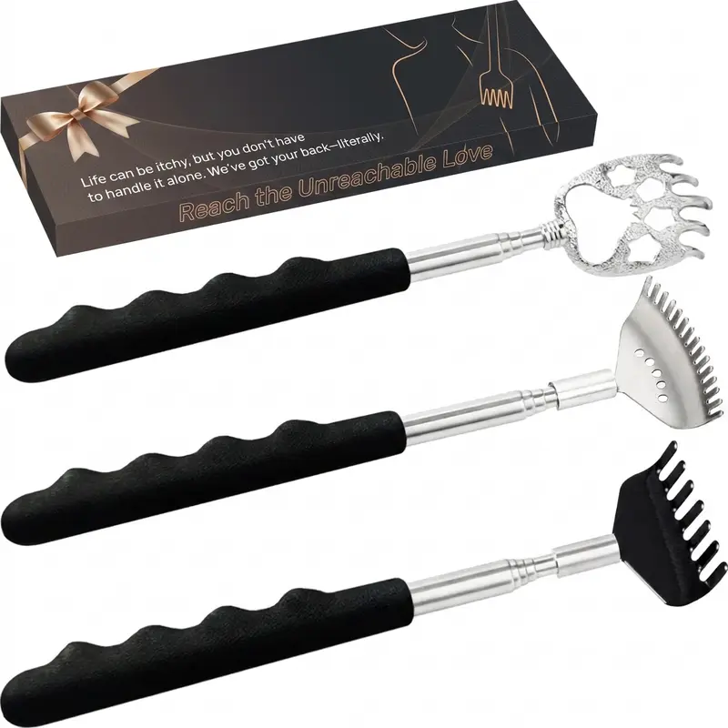 3-Pack Stainless Steel Telescoping Back Scratchers with Ergonomic Rubber Handles, Portable Body Care Extendable Back Massager Tool in Premium Gift Box for Adults