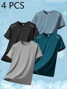 Pack of 4 crew-neck printed T-shirts for men, casual athletic short sleeves, breathable stretchy tops suitable for summer wear