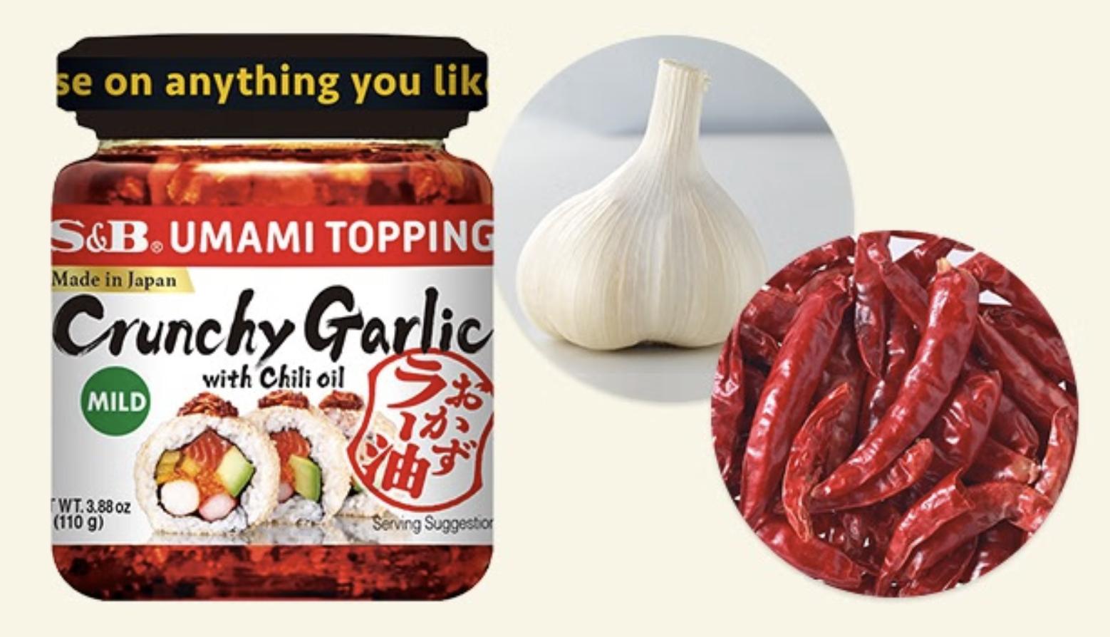 S&B Umami Topping Crunchy Garlic with Chili Oil, Mild and Spicy Flavor – 3.88 oz, Savory Umami Chili Oil Sauce Made in Japan Ramen Sushi
