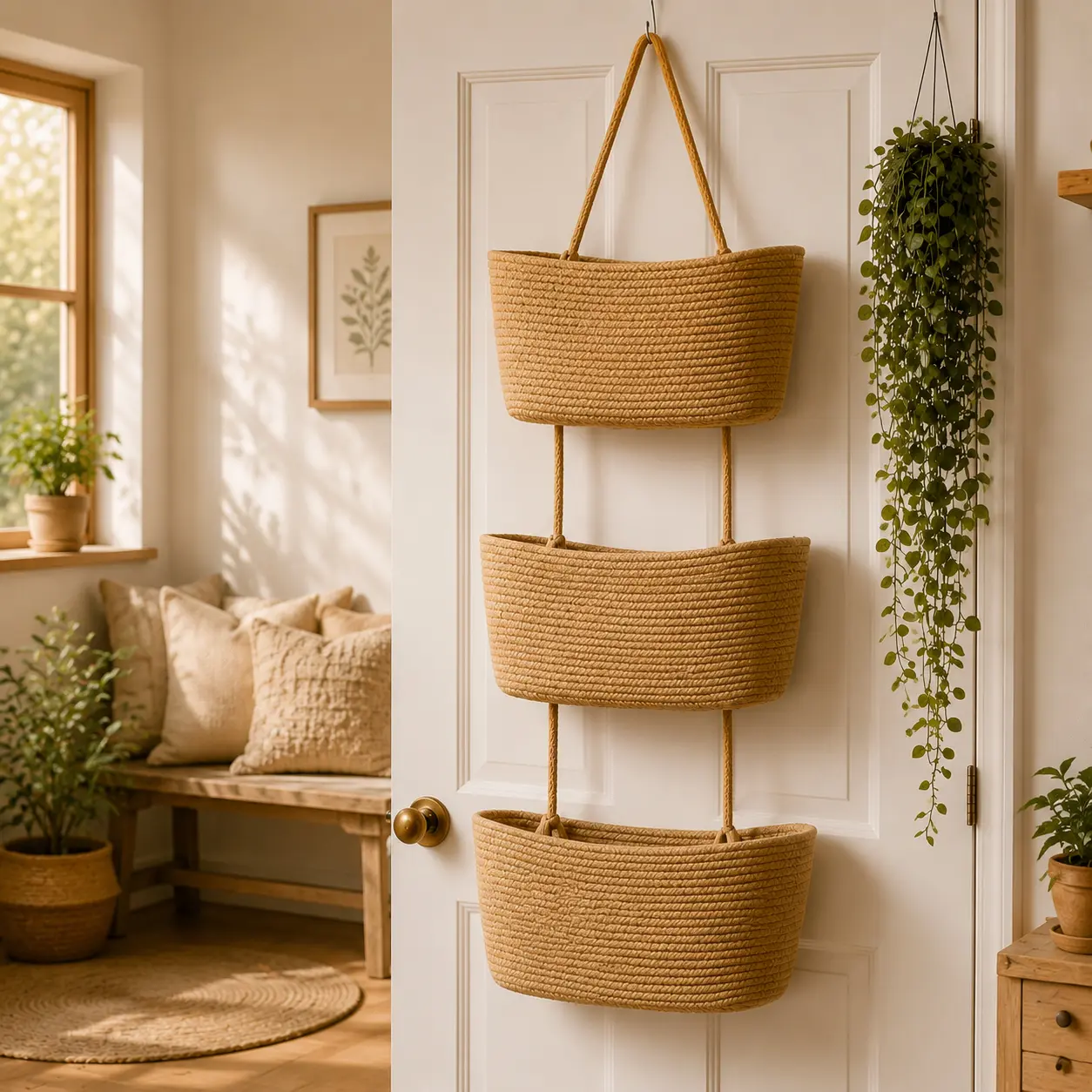 Woven cotton 3-Tier Over the Door Basket, Wall-Mounted Jute Bathroom Storage Organizer – Decorative Nursery Baskets, Perfect for Busy Mom/Dad to Store Diapers & Toys small basket, With Hook